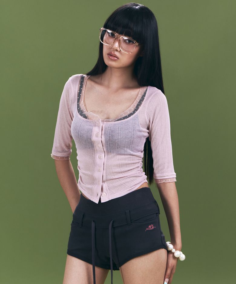 Suri Lace Button Long Sleeve Top (Baby pink)