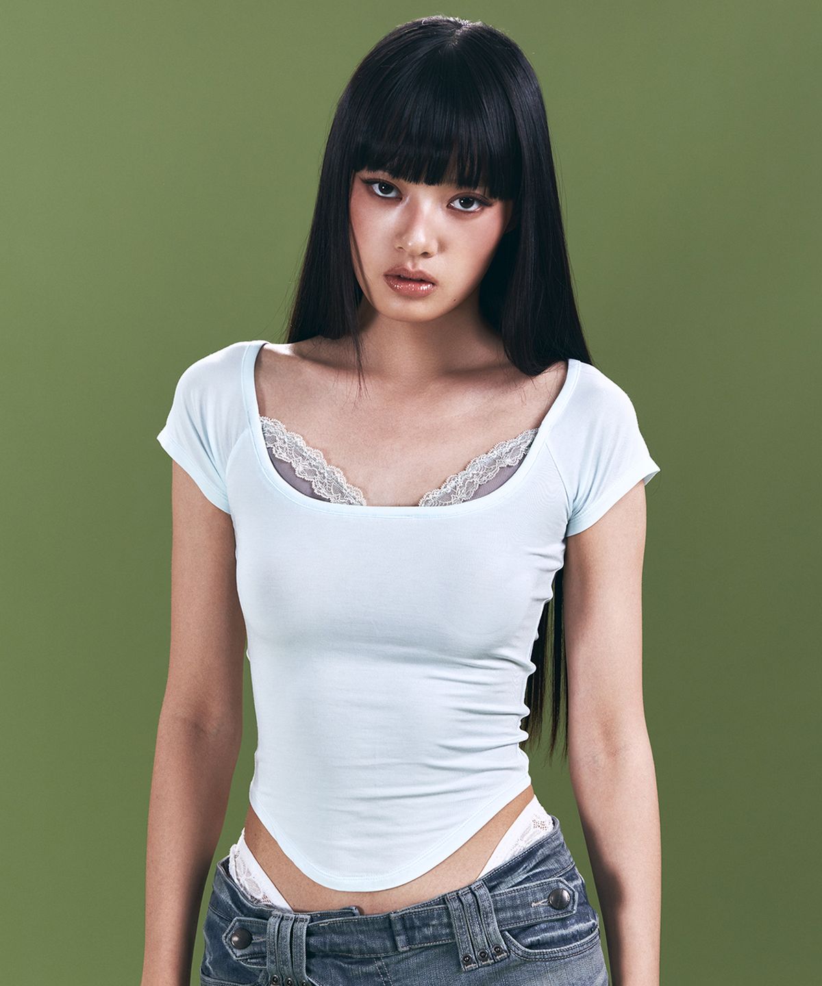 플리즈노팔로우(PLEASENOFOLLOW) Mandy Lace Layered Short Sleeve Top (Baby Blue)