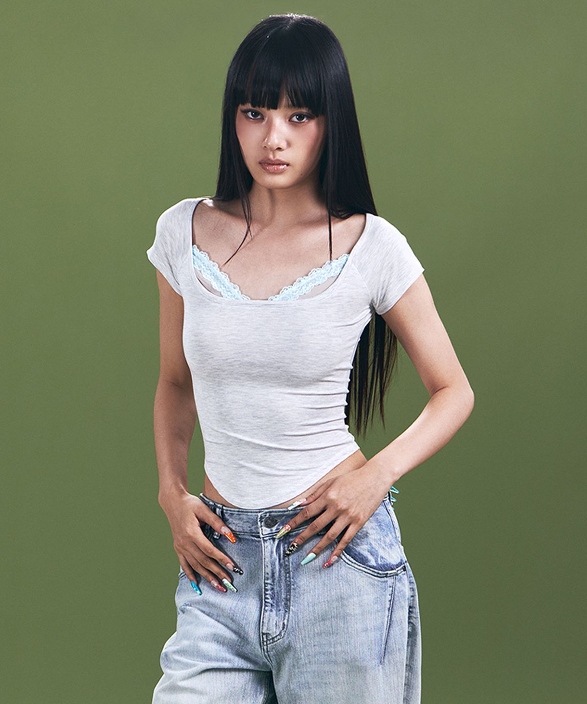 플리즈노팔로우(PLEASENOFOLLOW) Mandy Lace Layered Short Sleeve Top (White Melange)