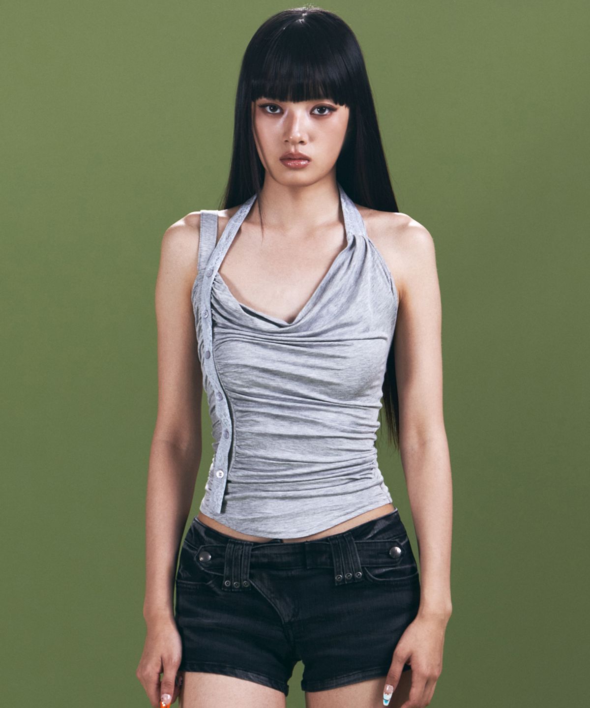 플리즈노팔로우(PLEASENOFOLLOW) Hush Button Halter Sleeveless Top (Melange Grey)