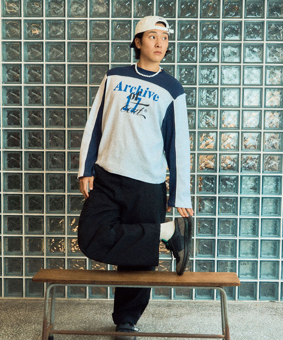이우트(EEUT) COLOR BLOCK WAFFLE LONG SLEEVE / MELANGE WHITE