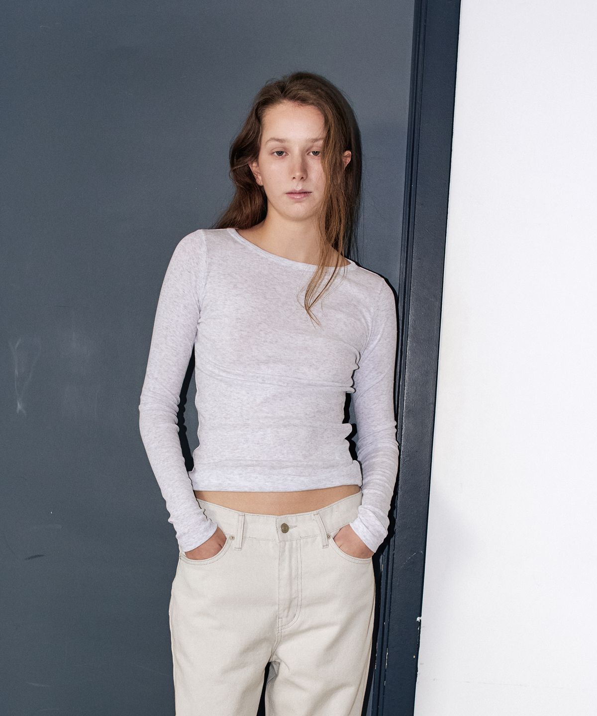 이지오 우먼(EZIO WOMEN) Basic Soft Boat-Neck T-shirts_Light Grey