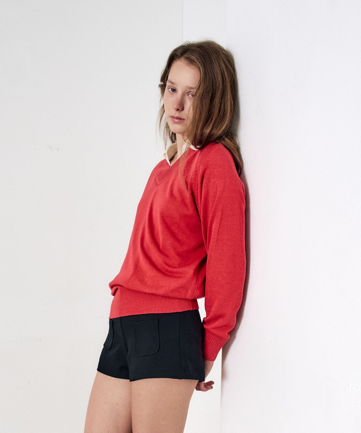 이지오 우먼(EZIO WOMEN) Linen V-Neck Knit_Red