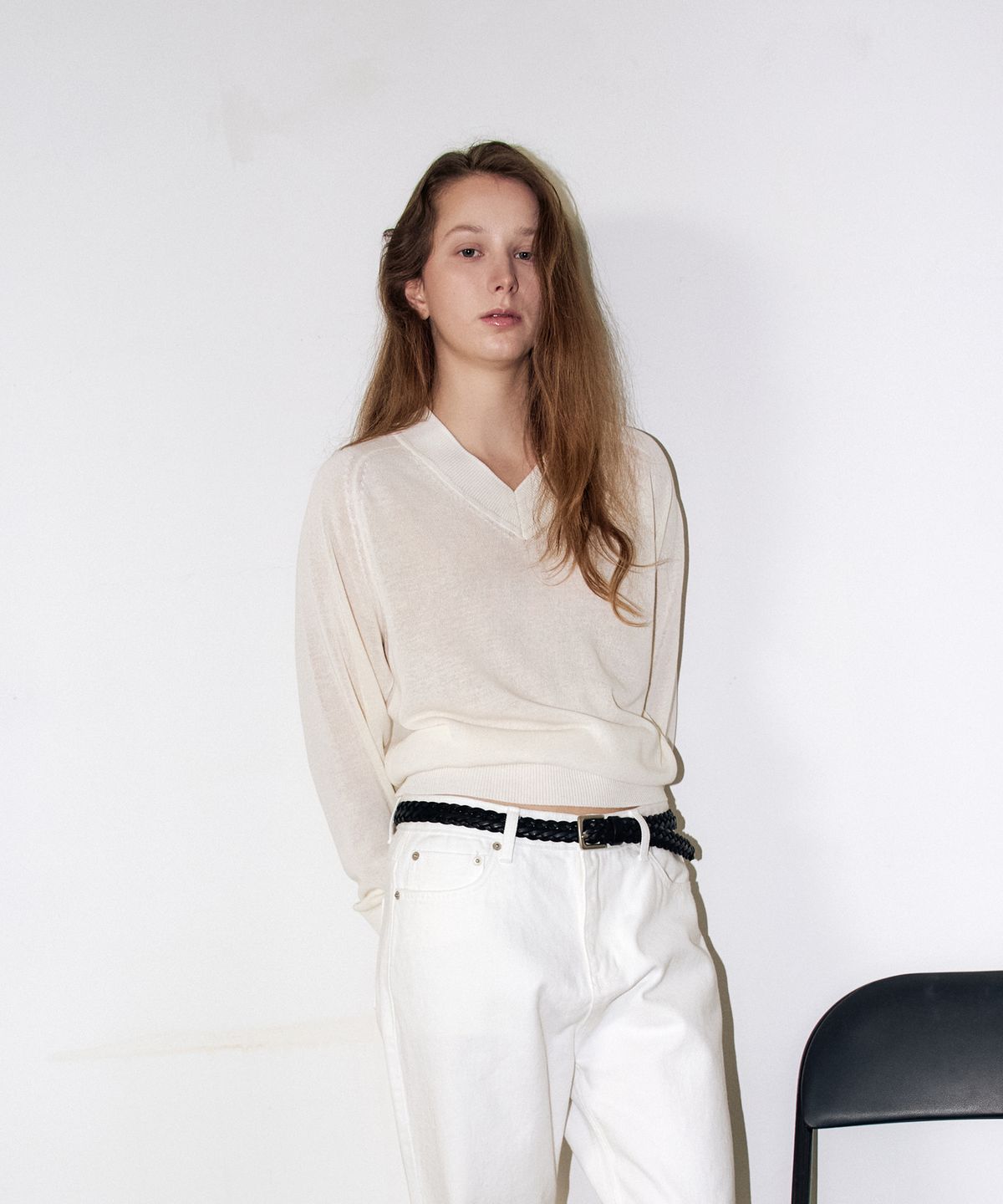 이지오 우먼(EZIO WOMEN) Linen V-Neck Knit_Ivory