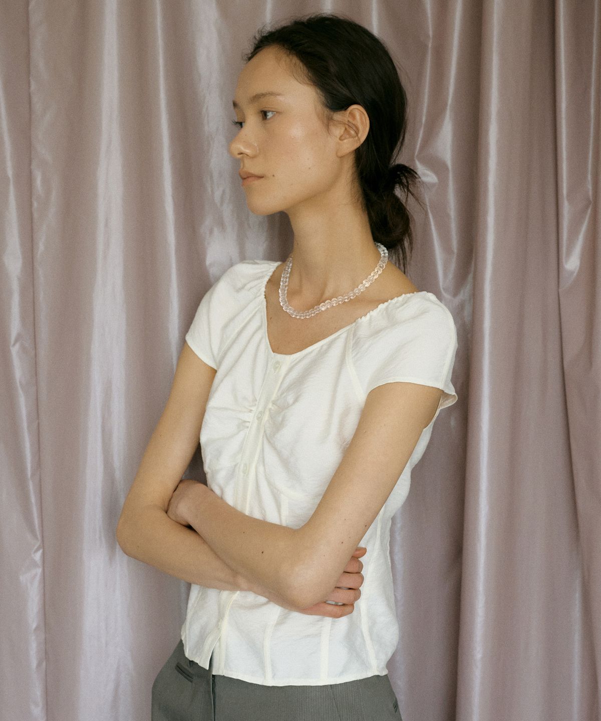 오떼뜨(OCTETTE) LILYS SHIMMER LINE BLOUSE_IVORY