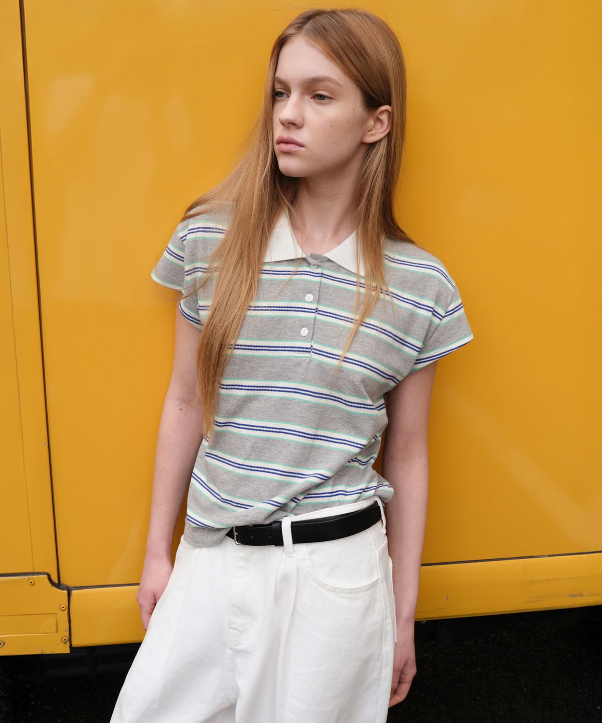르바(LEVAR) Stripe PK T-shirt - Melange Grey Stripe