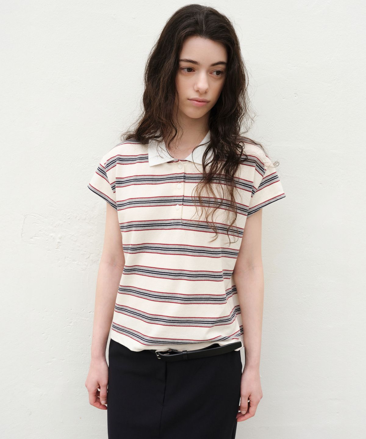 르바(LEVAR) Stripe PK T-shirt - Ecru Stripe