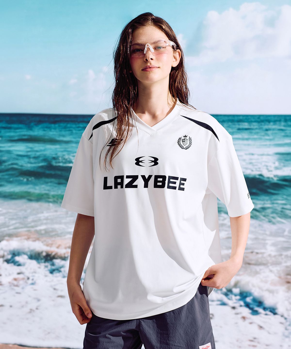 레이지비(LAZYBEE) 하이드로 메쉬 퍼포먼스 오버핏 W 래쉬가드 반팔 져지 화이트