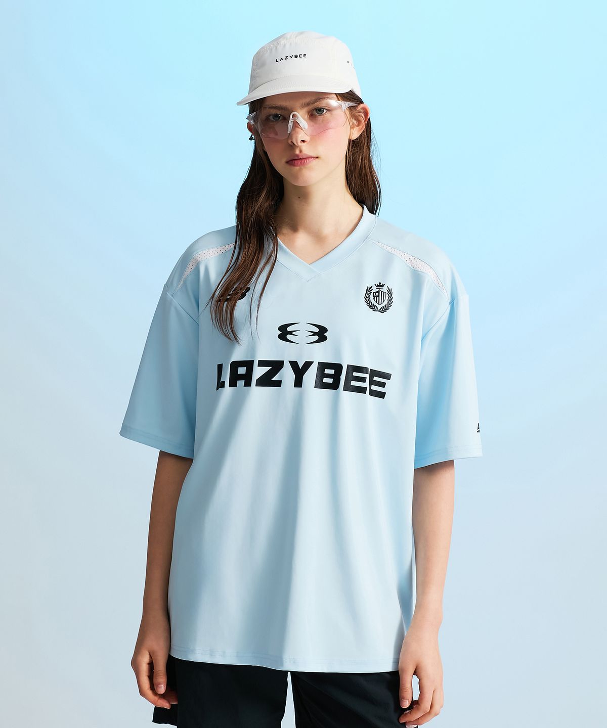 레이지비(LAZYBEE) 하이드로 메쉬 퍼포먼스 오버핏 W 래쉬가드 반팔 져지 스카이블루