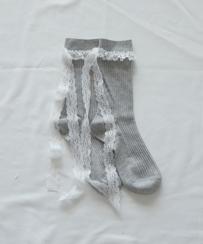 ［2PCS 1SET］DAINTY RIBBON LACE SOCKS_MELANGE GREY