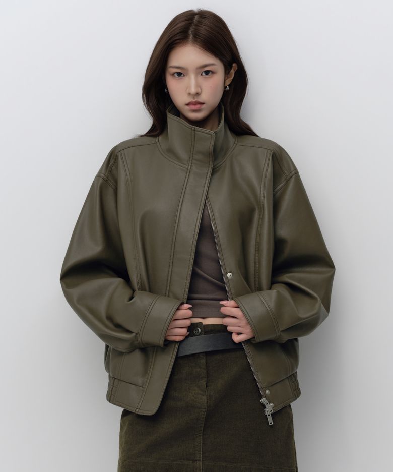 우먼즈 신세틱 레더 하이 넥 블루종 재킷 [올리브]
