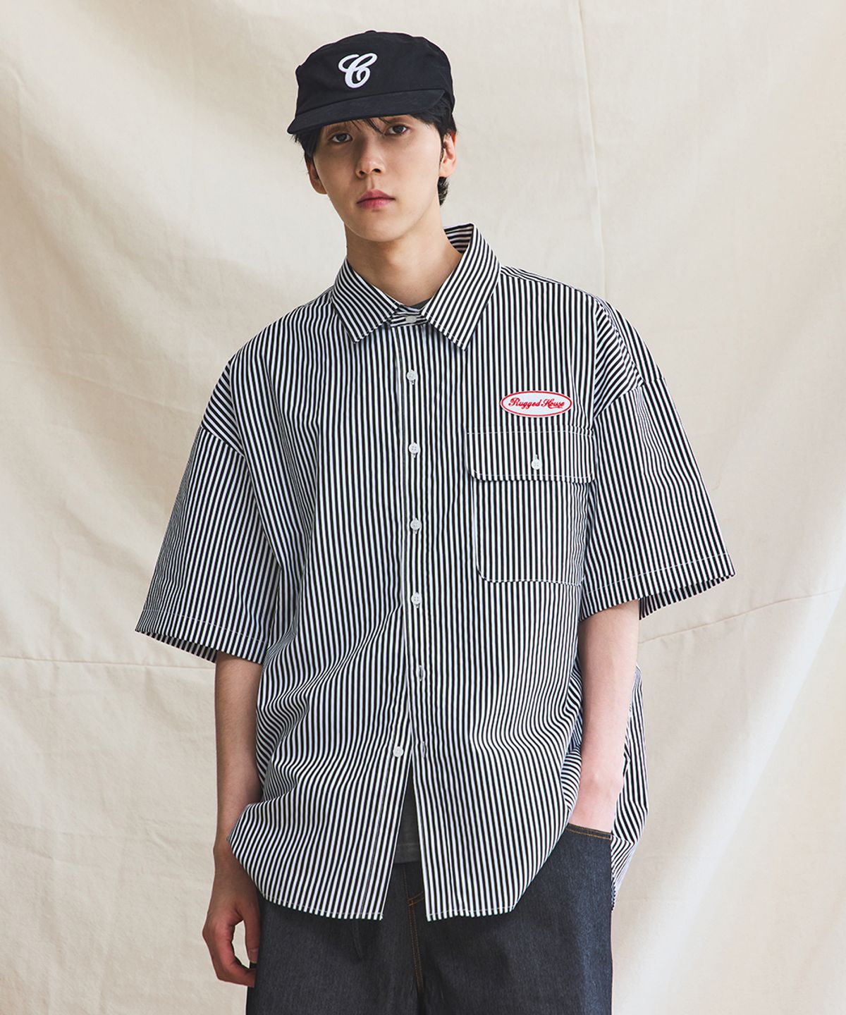 러기드하우스(RUGGED HOUSE) 개러지 플랩 스트라이프 셔츠 블랙