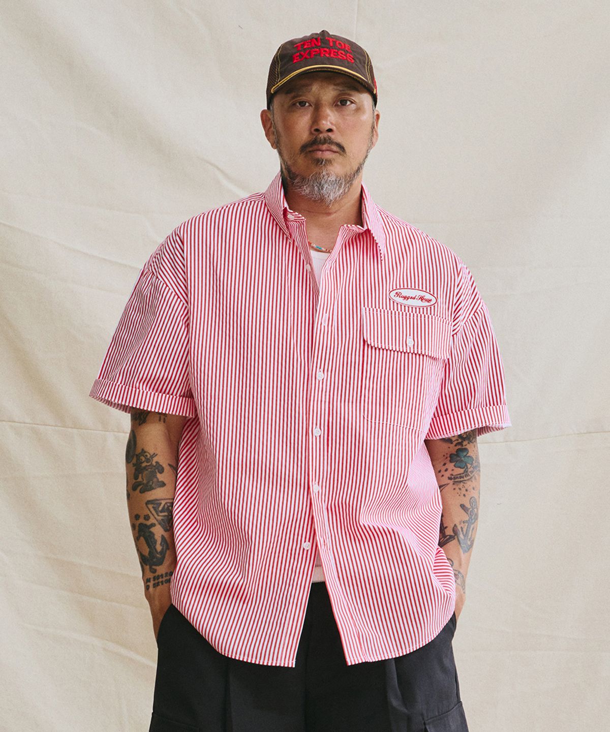 러기드하우스(RUGGED HOUSE) 개러지 플랩 스트라이프 셔츠 레드