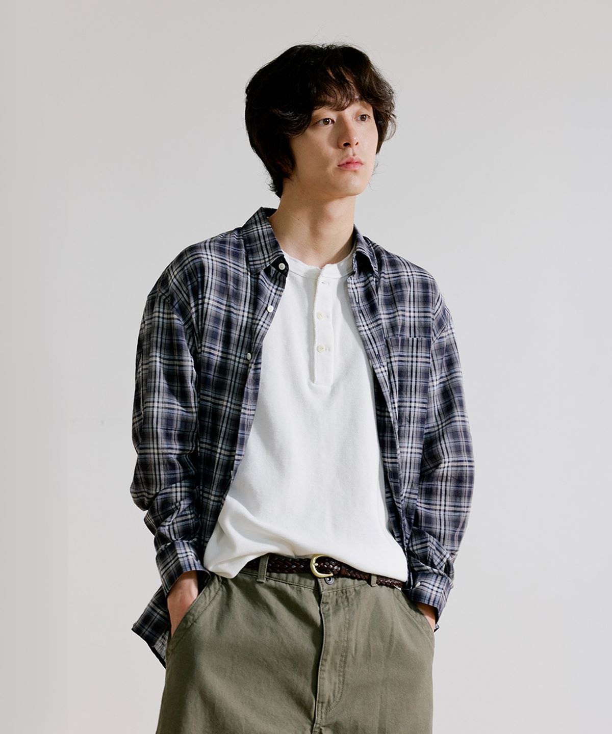 유니온블루(UNION BLUE) SEMI CROP CHECK SHIRT [SLATE]