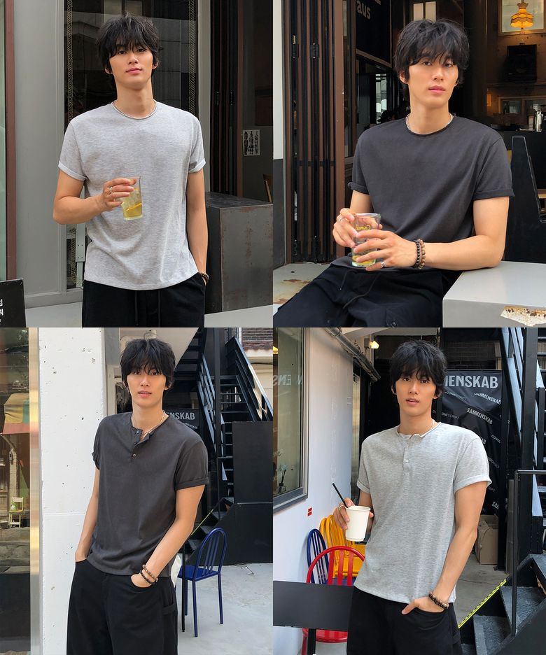 [라운드, 헨리넥] 세미 크롭 슬라브 반팔 티셔츠_2 STYLE