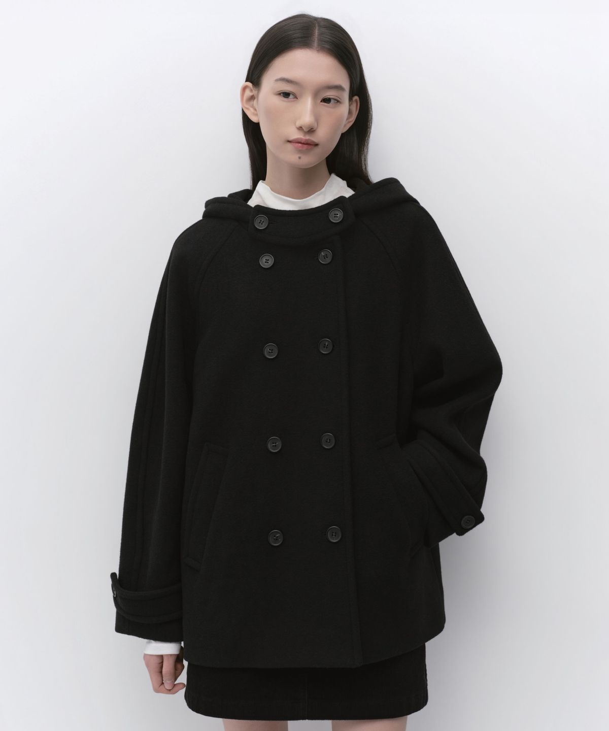 무신사 스탠다드 우먼(MUSINSA STANDARD WOMAN) 우먼즈 울 블렌드 후디드 더블 하프 코트 [블랙]