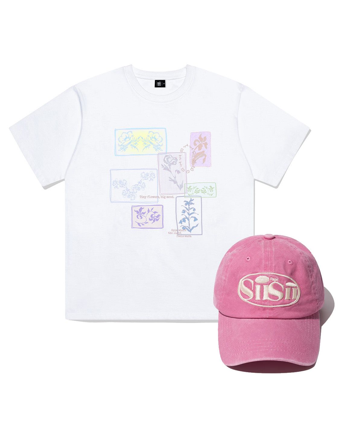 페이지시시(PAGESIISII) [SET] 플라워 콜라주 프린팅 반팔티 화이트 & 볼캡
