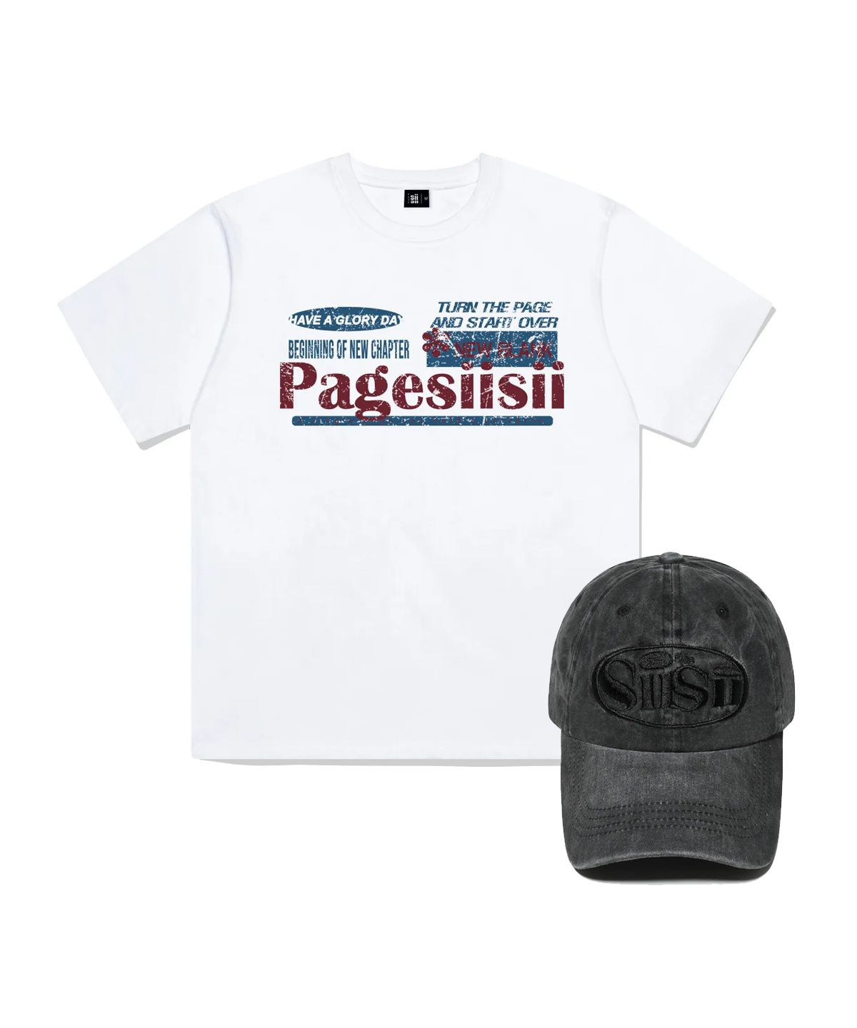 페이지시시(PAGESIISII) [SET] 빈티지 블랭크 프린팅 반팔티 화이트 & 볼캡