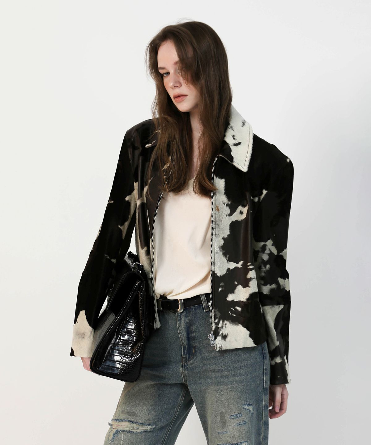 프로젝트 웨이브(PROJECT WAVE) Real Cow Leather Crop bluson