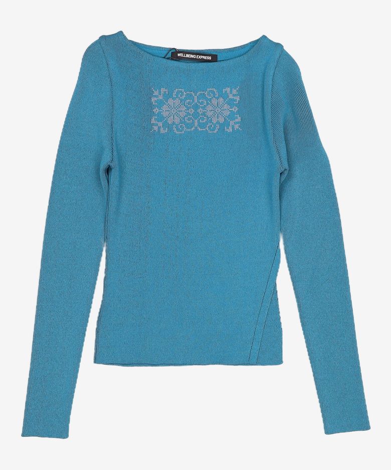 Embroidered Slit Knit Top Teal S
