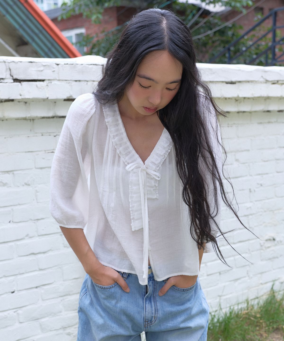 마가린핑거스(MARGARIN FINGERS) LACE PINTUCK BLOUSE (WHITE)