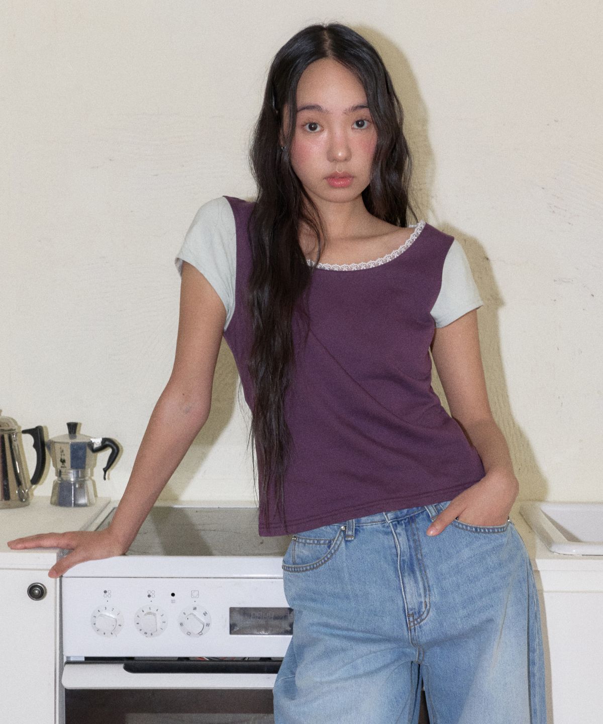 마가린핑거스(MARGARIN FINGERS) LACE COLOR POINT T-SHIRT (PURPLE)