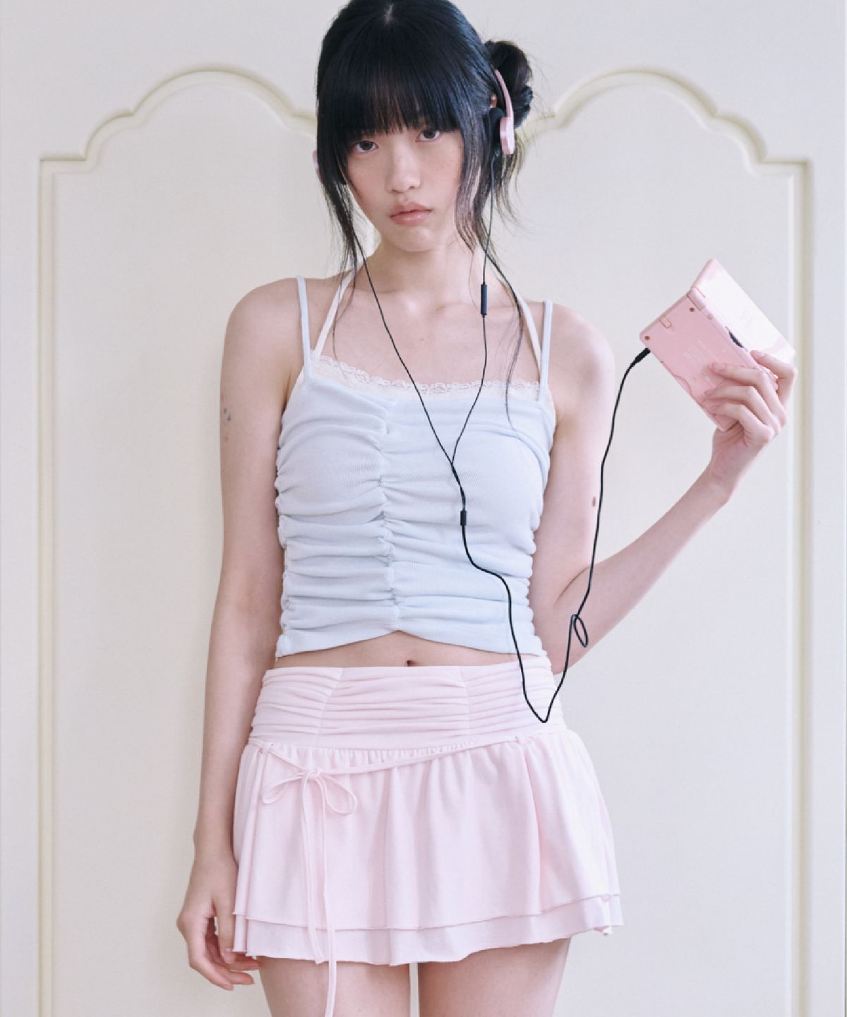 서울리(SEOULI) LAYERED LACE SHIRRING TOP [SOFT MINT]