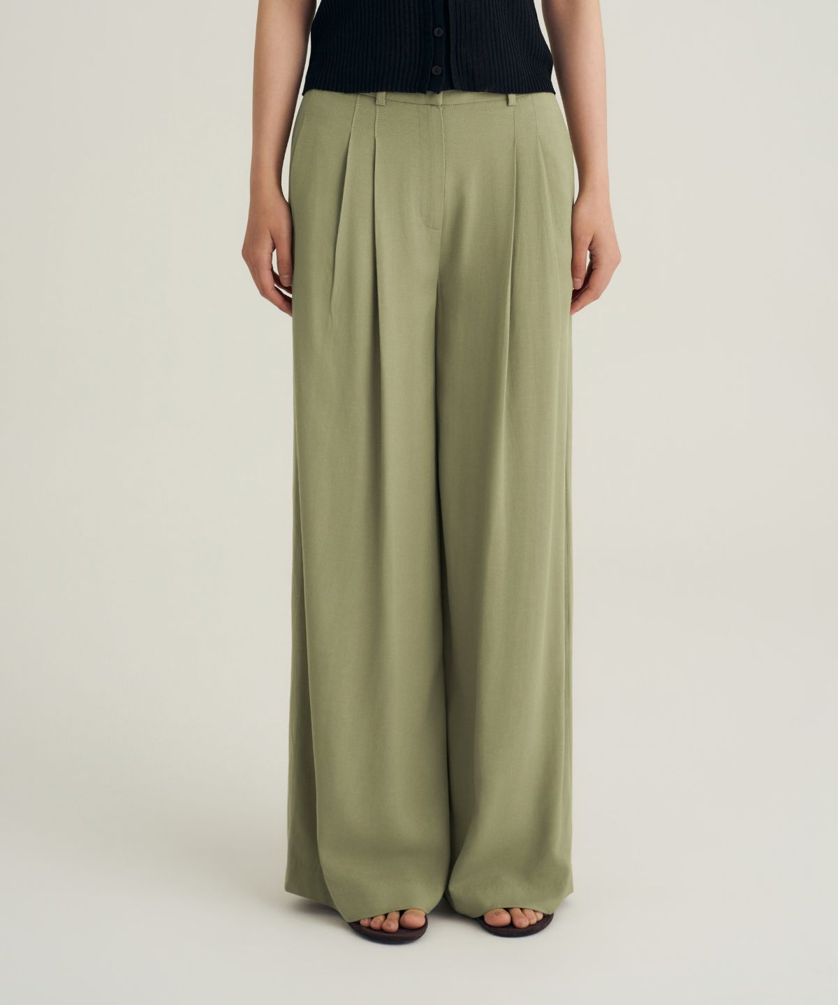 비올셋(BE ALL SET) Linen Tuck Detail Wide Pants_Olive Khaki