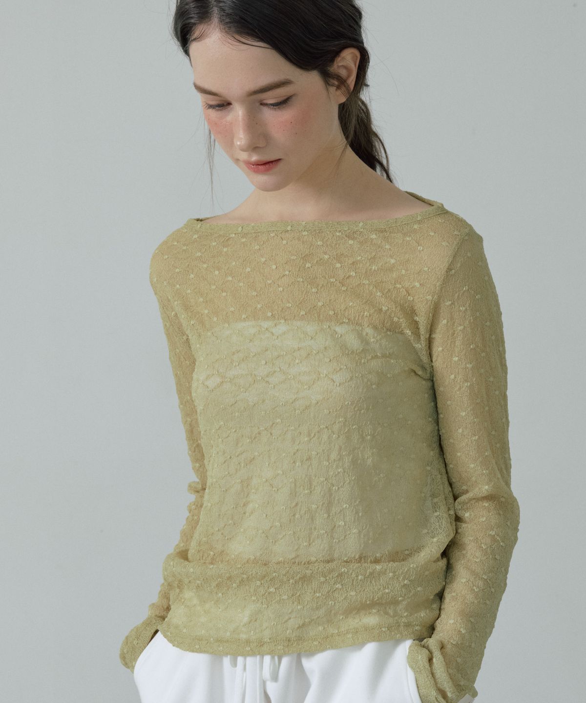 아페이즈(APAISE) Boat-Neck Sheer Lace T-Shirts(Lime)