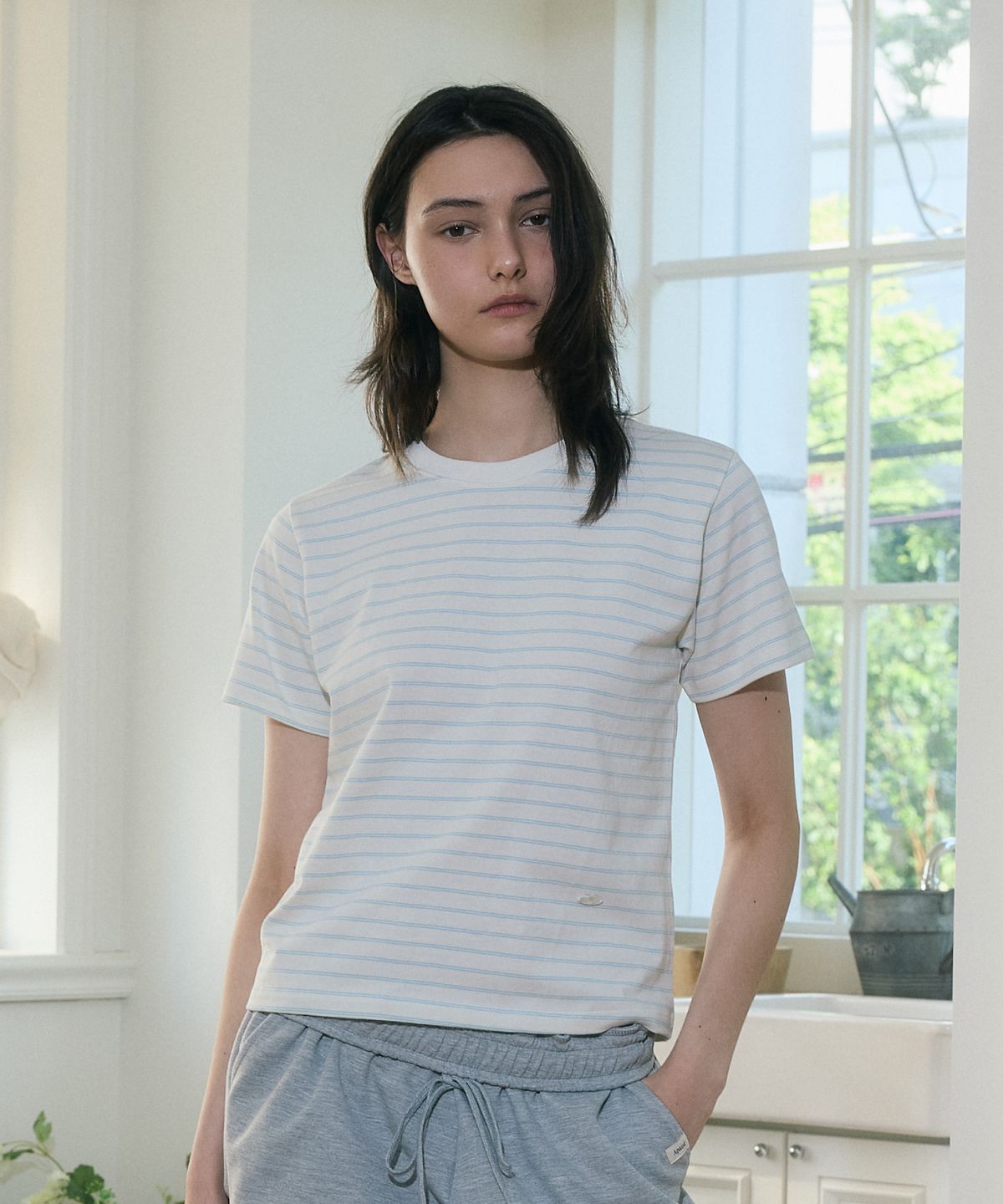 아페이즈(APAISE) Basic Cotton Stripe Short Sleeve T-Shirt(Cream)
