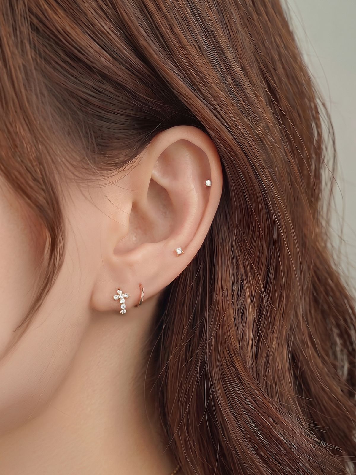 미니멀피어싱(MINIMALPIERCING) 14K 미니 큐빅 십자가 원터치 링 피어싱 귀걸이