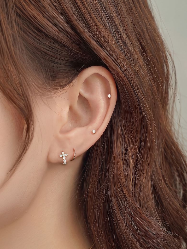 14K 미니 큐빅 십자가 원터치 링 피어싱 귀걸이
