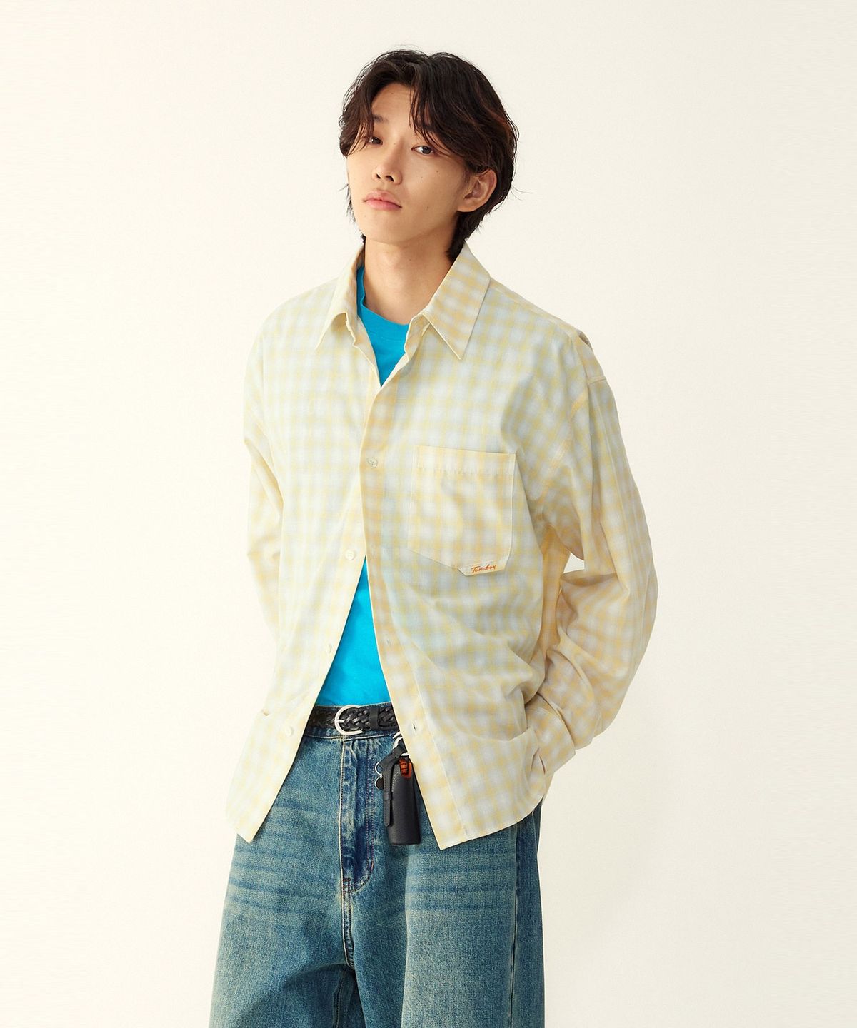스튜디오 톰보이(STUDIO TOMBOY) [MEN] 엠브로이더드 포켓 디테일 체크 셔츠 _라이트 옐로우_9156321731