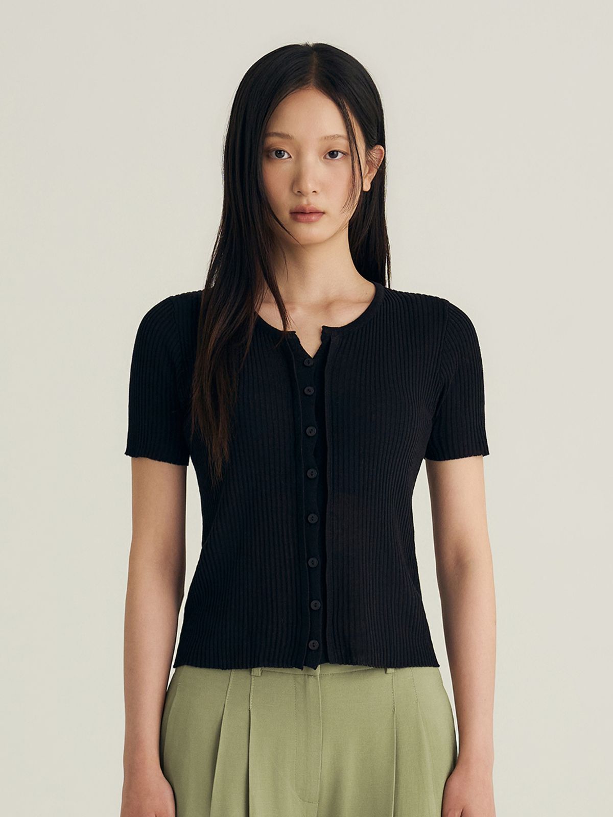 비올셋(BE ALL SET) Linen Ribbed Short-Sleeve Knit Cardigan_Black