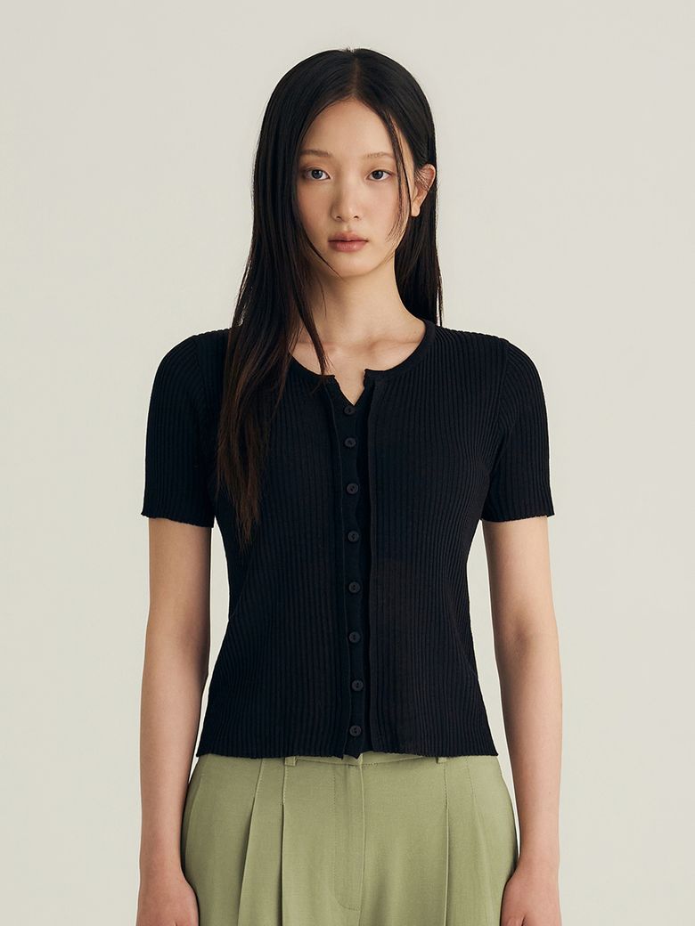 Linen Ribbed Short-Sleeve Knit Cardigan_Black