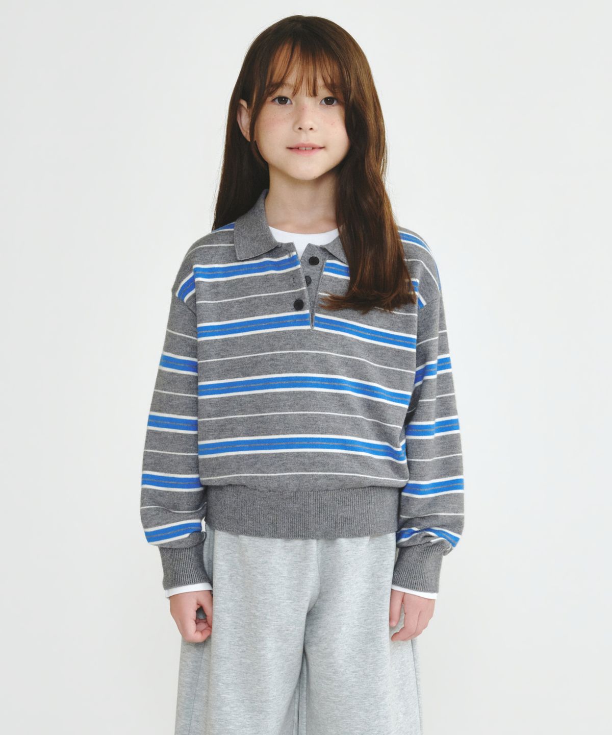 무신사 스탠다드 키즈(MUSINSA STANDARD KIDS) 걸즈 멀티 스트라이프 칼라드 니트 [그레이]