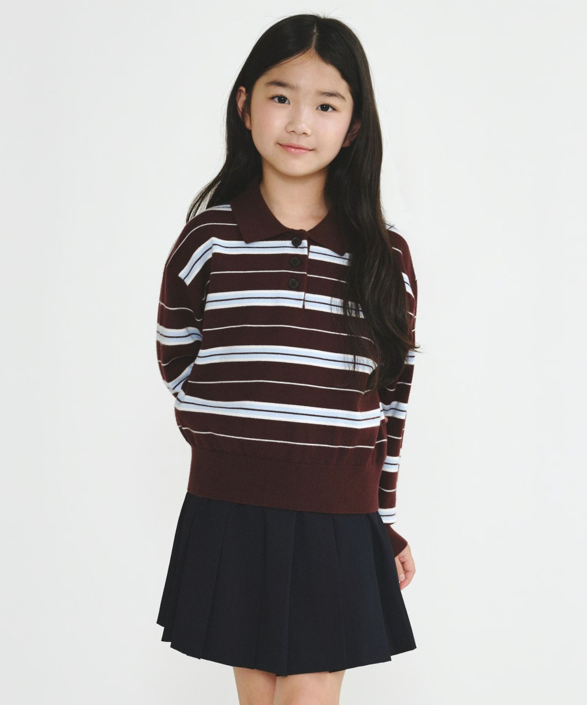 무신사 스탠다드 키즈(MUSINSA STANDARD KIDS) 걸즈 멀티 스트라이프 칼라드 니트 [버건디]