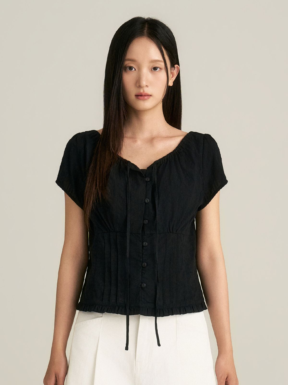 비올셋(BE ALL SET) Cotton Pintuck Blouse_Black