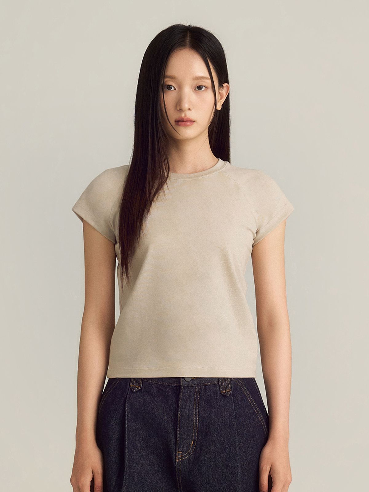 비올셋(BE ALL SET) Cap-Sleeve Raglan T-Shirt_Beige