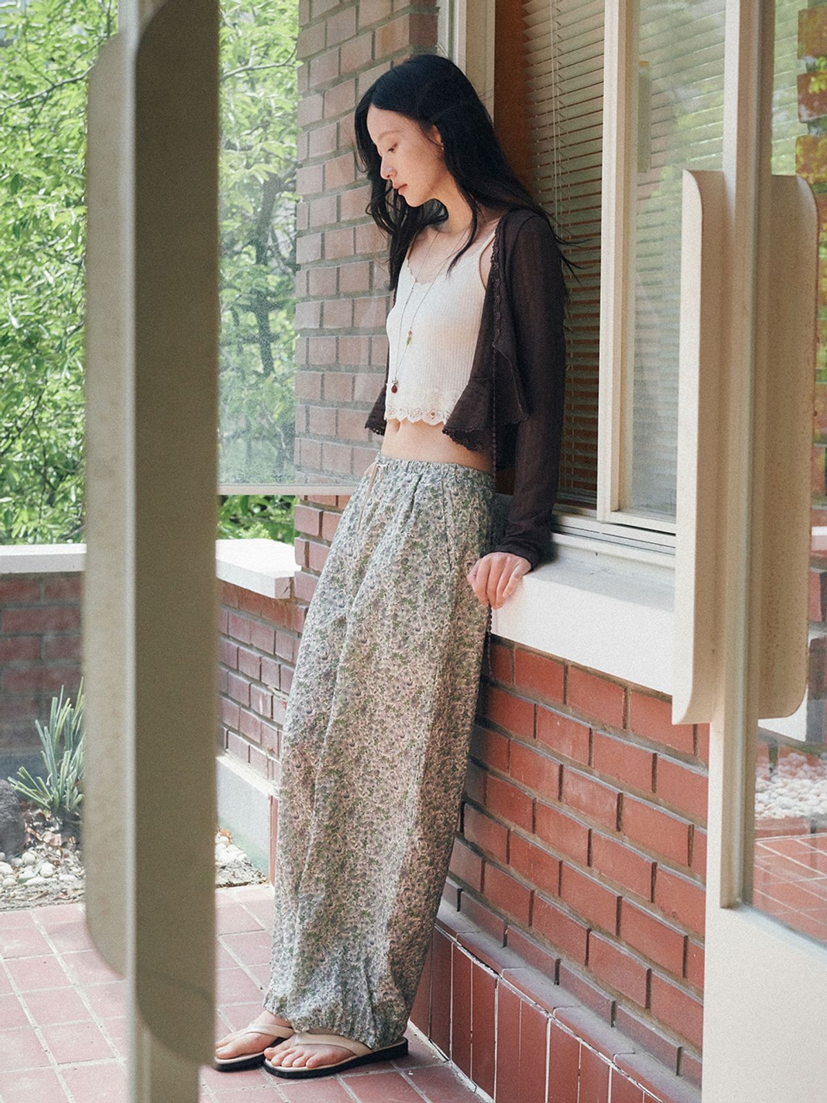 오앨(OUEL) DRAWSTRING COTTON WIDE PANTS_GREEN