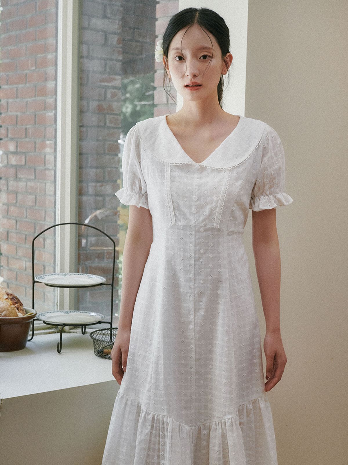 오앨(OUEL) LACE TRIM  BUTTON DOWN DRES_WHITE