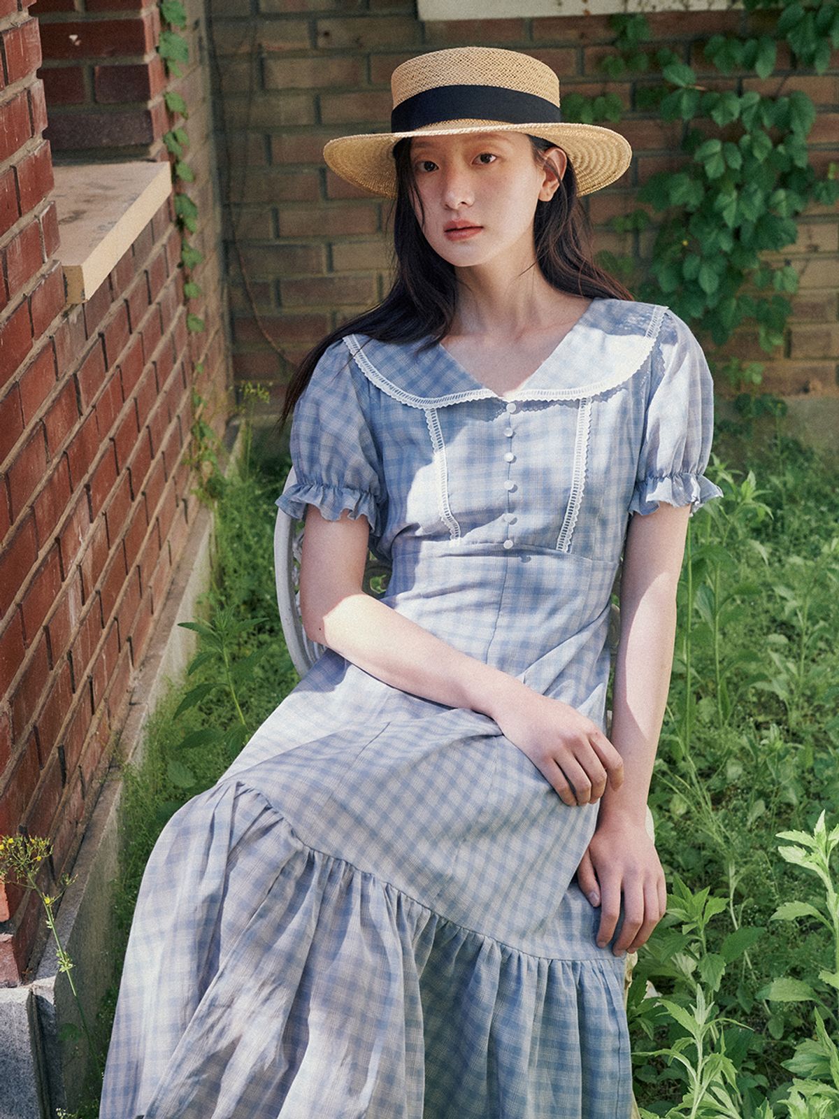 오앨(OUEL) LACE TRIM BUTTON DOWN DRESS_CHECK