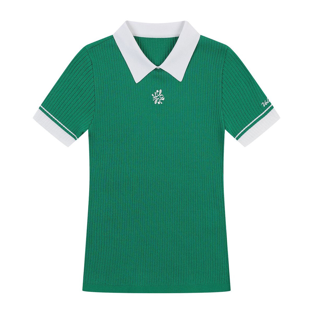 볼빅 골프웨어(VOLVIK GOLFWEAR) 여성 골프 에리 배색 골지 반팔 니트 VLKTP303_GE