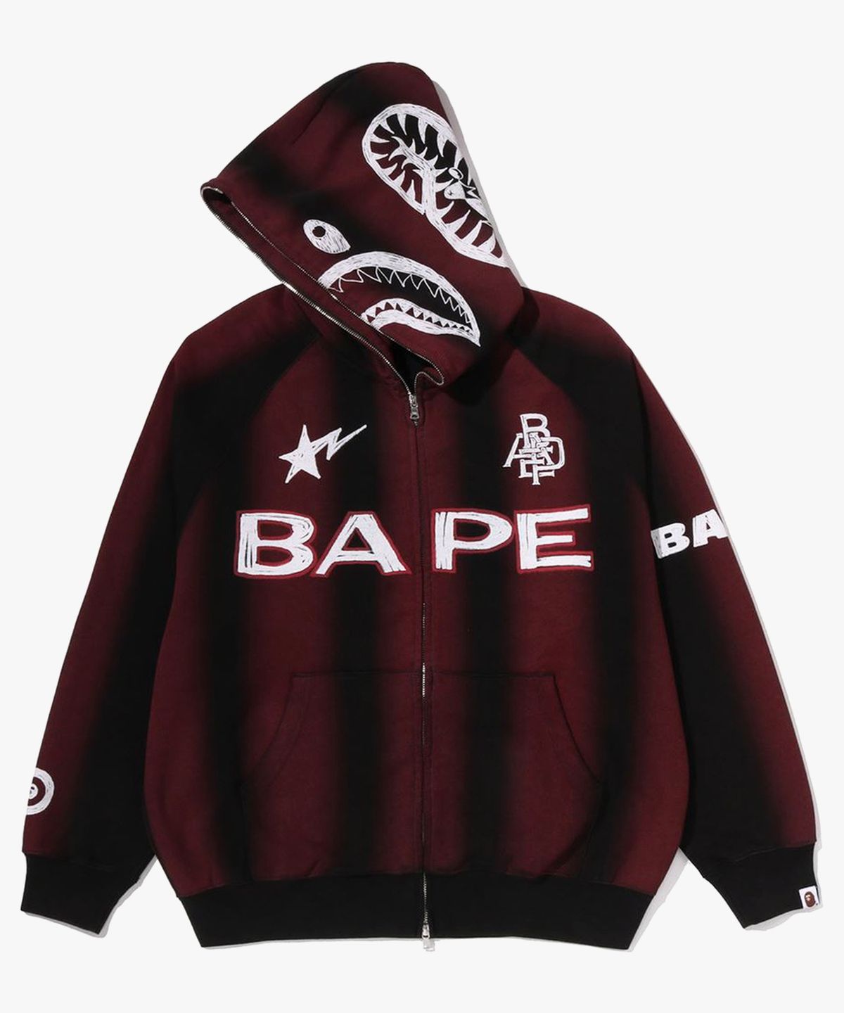 베이프(BAPE) 핸드 드로우 풋볼 샤크 릴렉스드 핏 풀 집 후드(M) BLACK