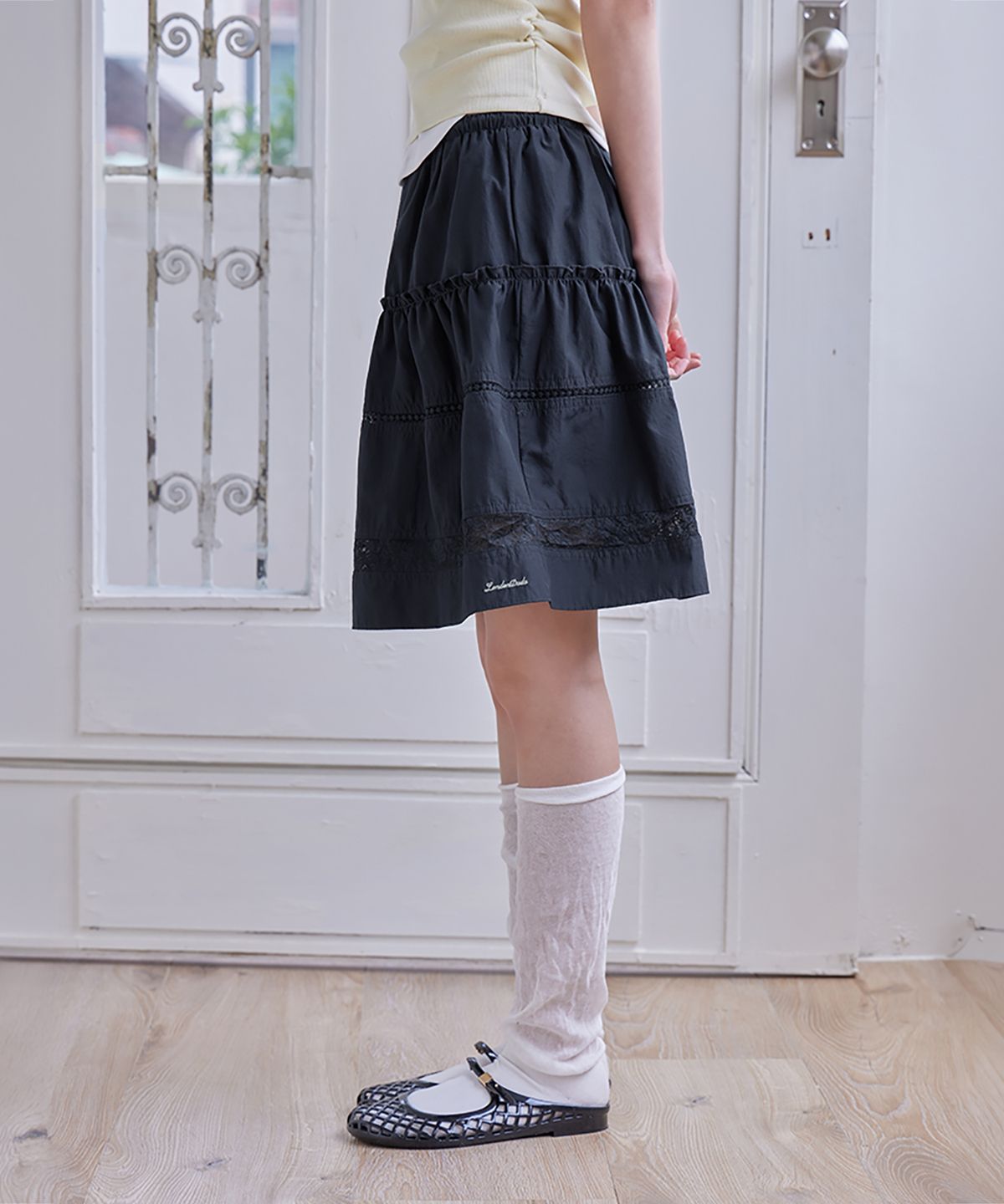 런던다다(LONDONDADA) Lace Flare Midi Skirt, D.NAVY