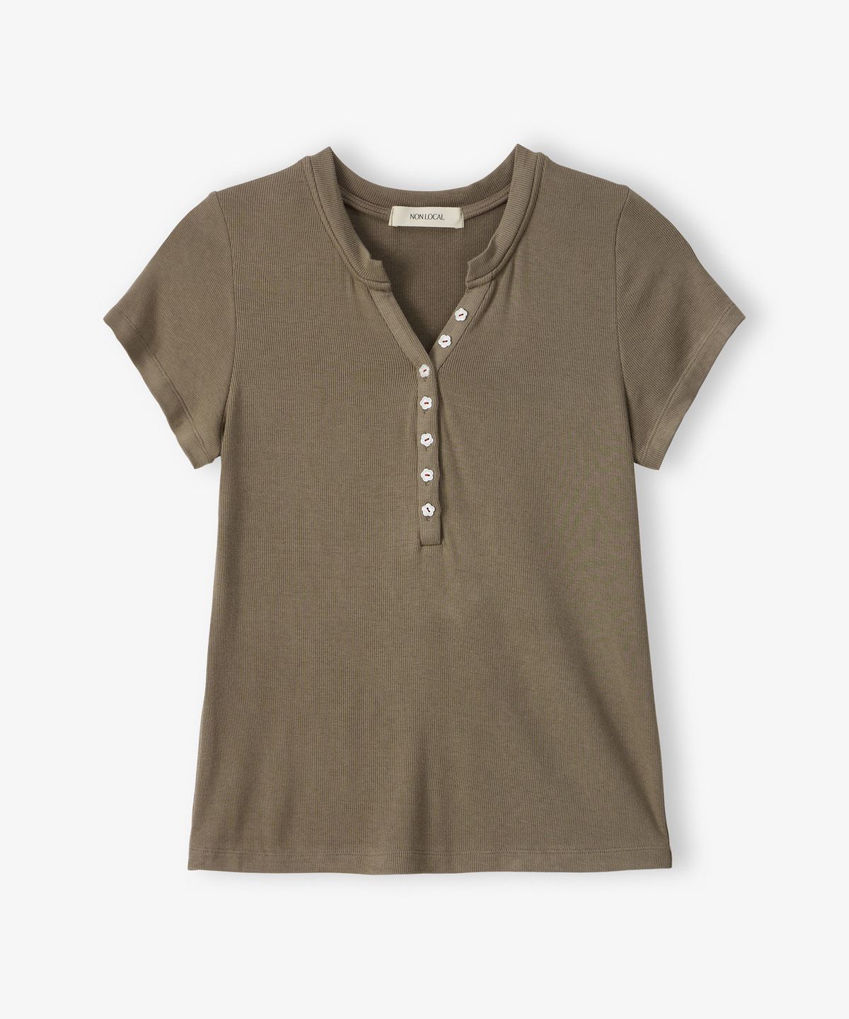 논로컬(NONLOCAL) 골지 브이넥 헨리 티셔츠 - Sand Khaki
