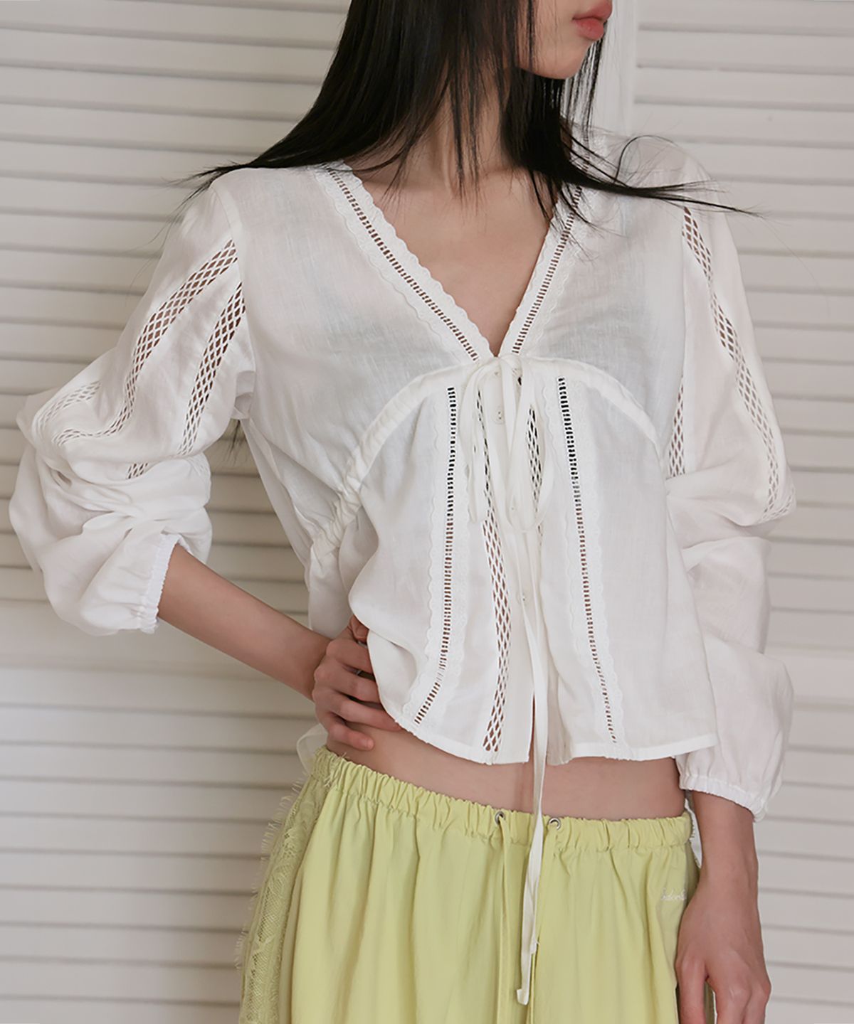 런던다다(LONDONDADA) Summer Lace Linen Blouse, WHITE