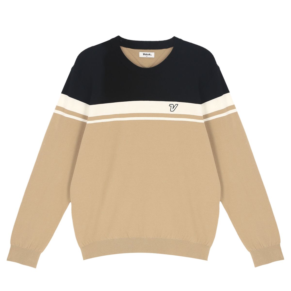 볼빅 골프웨어(VOLVIK GOLFWEAR) 남성 골프 에센셜 컬러블럭 라운드 긴팔 니트 VMKTP291_BE