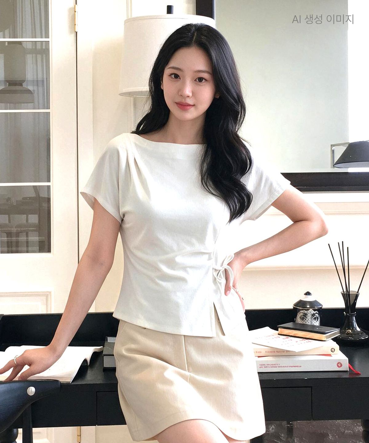 로엠(ROEM) 드레이프 리본 티셔츠 RMHWG38R12