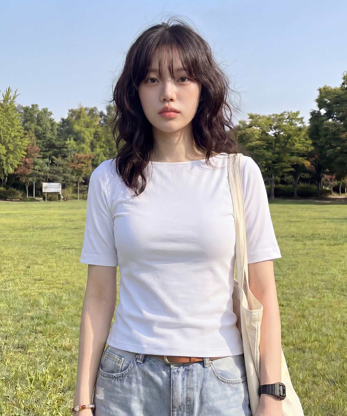 베이직하우스(BASIC HOUSE) 여성 모달 스판 보트넥 슬림핏 반팔티셔츠 화이트